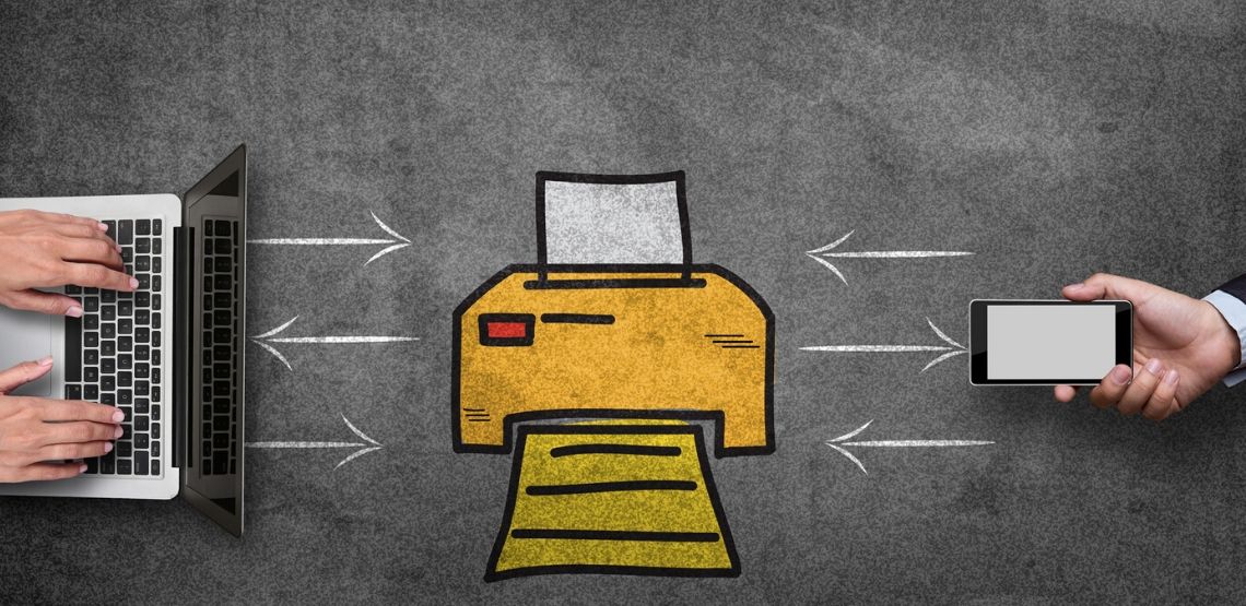 A graphic showing the connection between a printer and devices.
