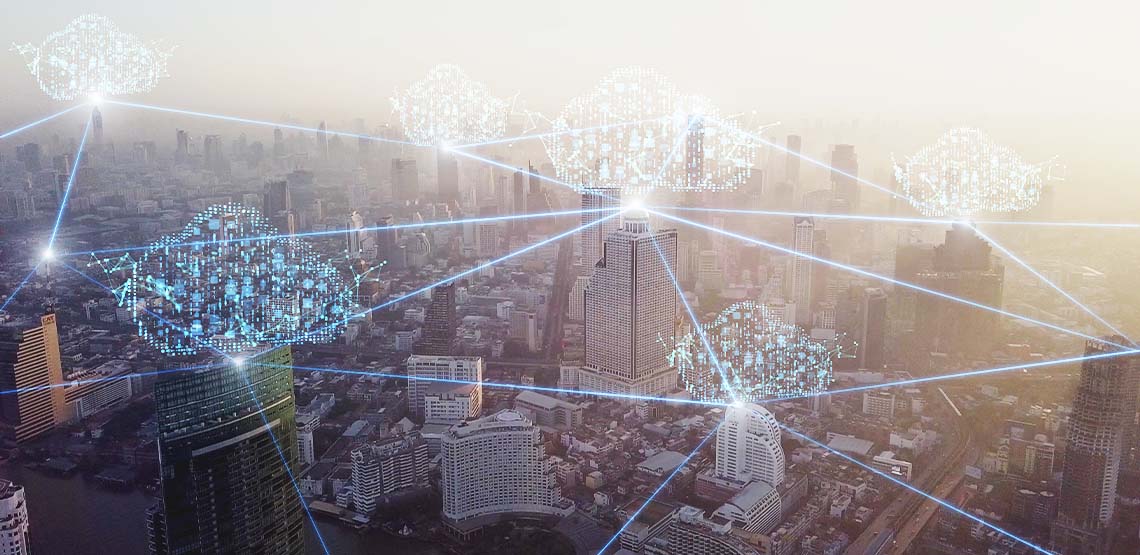 A hologram of clouds connected over a city.
